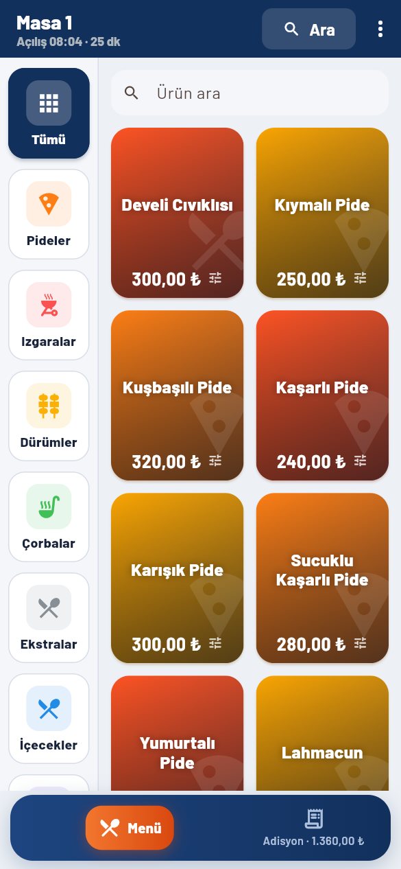 Garson telefonunda sipariş ekranı