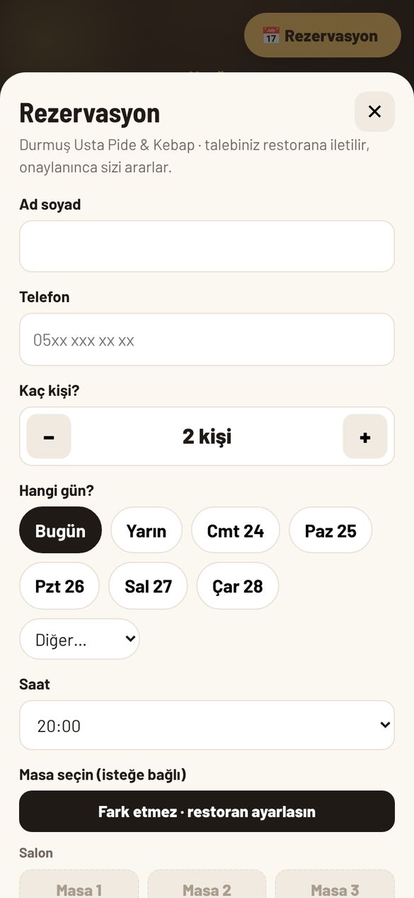 QR menüden rezervasyon ekranı